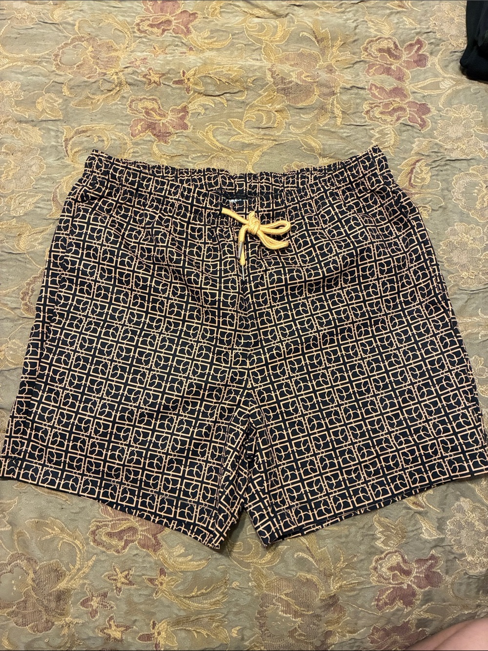 Men's Navy Geometric Swim Trunks with Yellow Drawstring